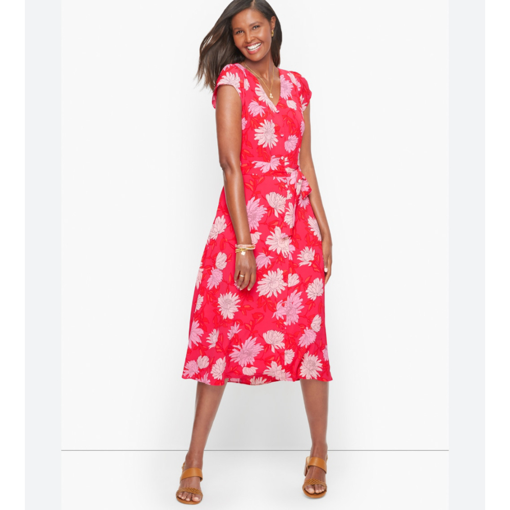 Talbots Pink Belted Midi Chrysanthemum Shirt Dress Size 2 Petite